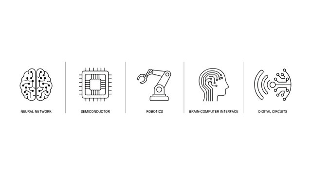Set of line art icons on transparent background depicting neural network semiconductor robotics brain computer interface and digital circuits.