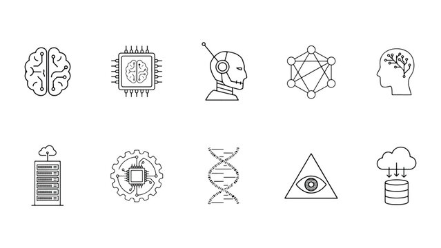 Modern technology and science icons including brain chip robot geometric network human head and data flow on transparent background.