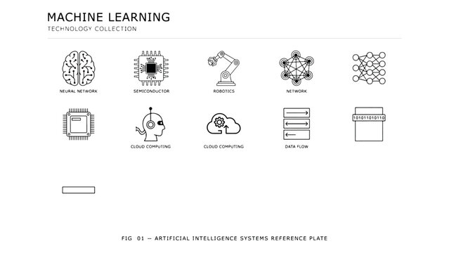 Machine learning technology collection line art icons on transparent background for AI and data science projects.