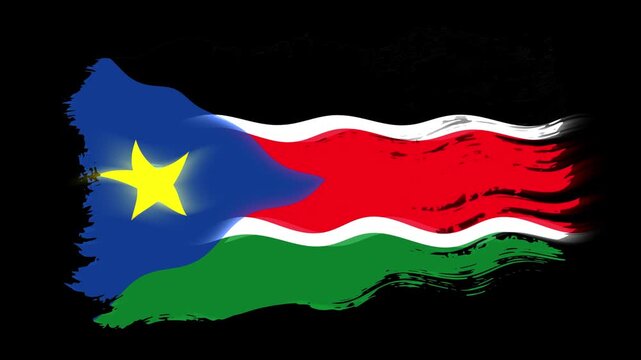 Waving torn South Sudan flag grunge brush burn light leaks, transparent background alpha channel loop full HD