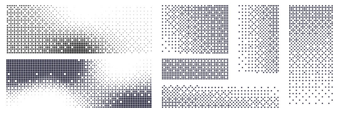 Set of pixel transform effect with halftone dot pattern. Mosaic background with square shapes, abstract disintegration. 8bit art design with explosion and geometric elements.