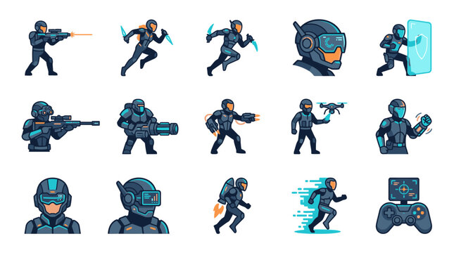 Set of blue futuristic special forces character poses.