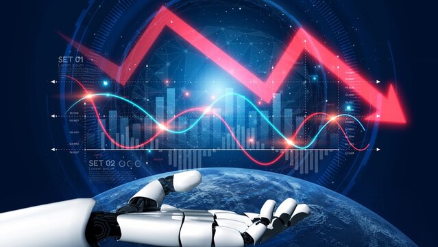 Economic caution visualized with fluctuating market graph, alert symbols, and negative data trends. Represents financial risk, market volatility, and economic uncertainty. Muxer