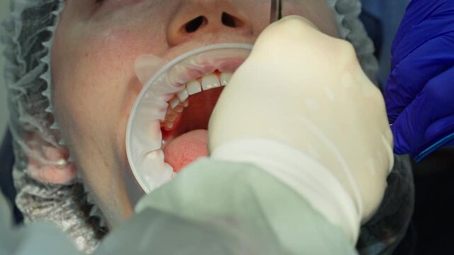  A close-up of dentists drilling a hole for a dental implant in the jaw of a young adult female patient with a dental drill, while draining excess saliva. Footage of a real-life surgical procedure