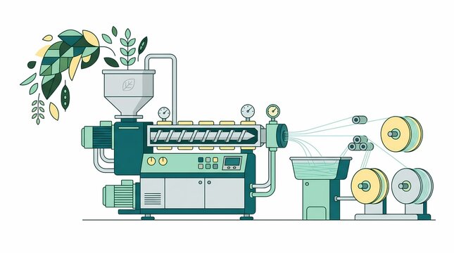 Sustainable textile extruder machine processing green leaves into yarn