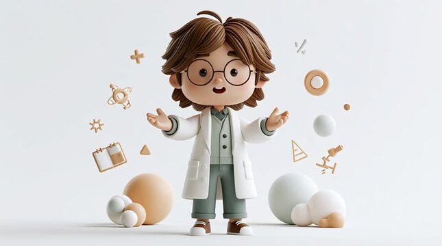 Cute cartoon teacher character speaking and gesturing beside floating abstract icons and simple shapes. Expressive face with mouth movement creates an engaging educational animation concept.