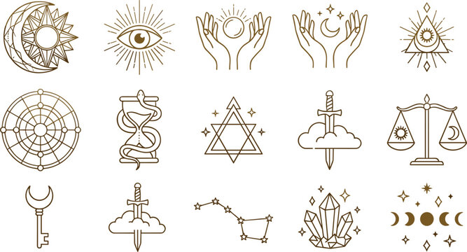 Mystic esoteric line art vector icon set featuring evil eye moon phases crystal sword scales hourglass constellation and spiritual celestial symbols