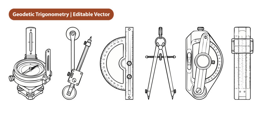 Geodetic surveying instruments vector set of technical measurement icons including compass, protractor, divider, planimeter, clinometer, and scale ruler isolated on white background for engineers job.