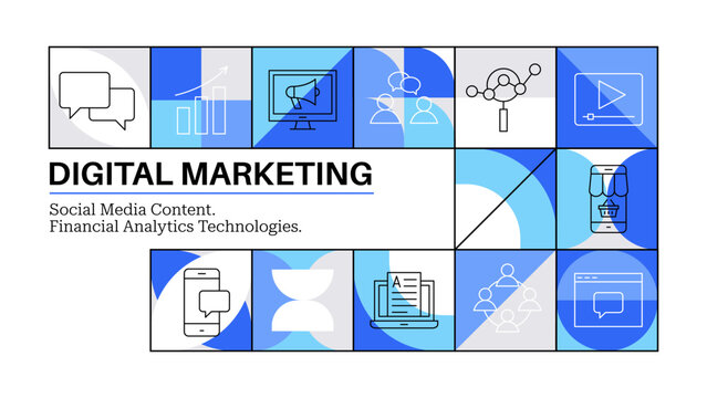 Digital Marketing Geometric Concept. Clean Vector Banner Illustration. Line Art Design. Minimal Outline Social Media Promotion.