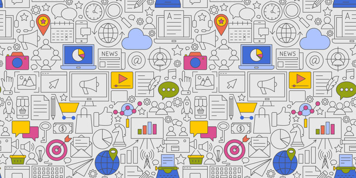 Social Media Outline Seamless Pattern. Vector Illustration of Linear Bg. Digital Marketing Objects. Line Background Texture.