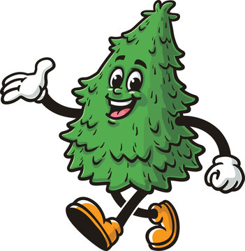Cartoon mascot of a spruce tree walking