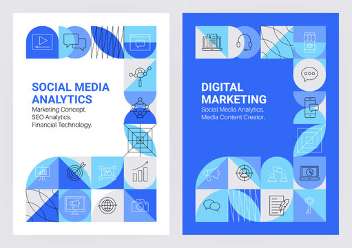 Social Media Analytics Geometrical Posters. Modern Vector Web Banner Illustration Line Art Design. Digital Marketing Analytics Bg.