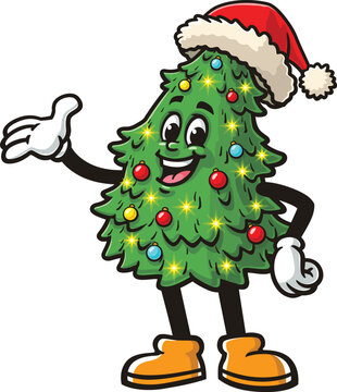 Christmas tree cartoon mascot wearing a Santa hat
