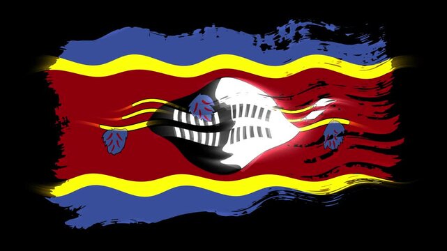 Waving torn Kingdom of eSwatini - Swaziland flag grunge brush burn light leaks, transparent background alpha channel loop full HD