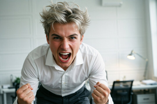 A young man screams in intense rage in a minimalist modern office with a contorted face and wide eyes.