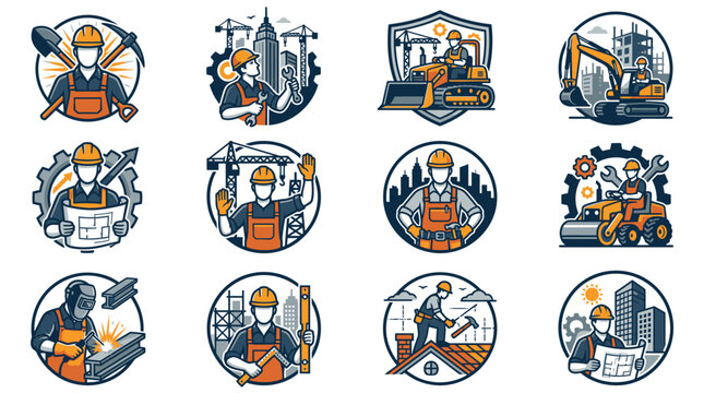 Set of twelve construction worker and industry circular icons.