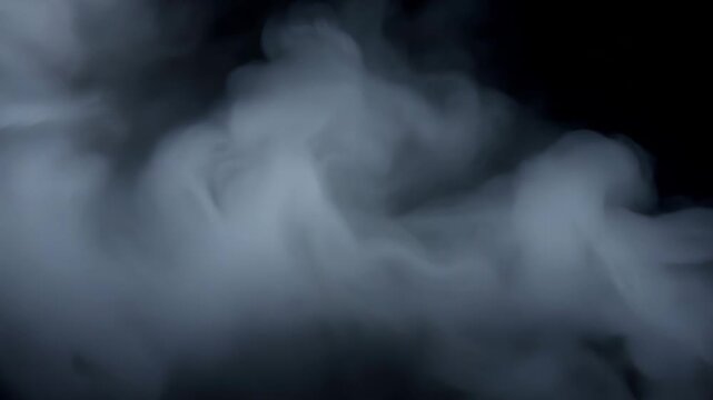 Thick white smoke or cloud swirling and filling a dark empty space with soft organic movement. Concept of abstract mystery and atmospheric backdrop