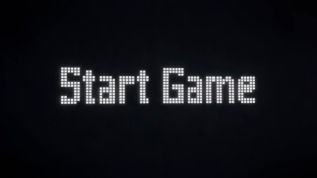 Retro pixel text Start Game flashing on a black digital monitor screen with mesh texture grid. Vintage arcade gaming concept