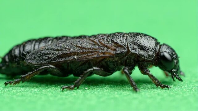 Beetle Insect Macro with Dark Textured Body and Reflective Head, Photographed on Soft Green Background for Nature Science Concept