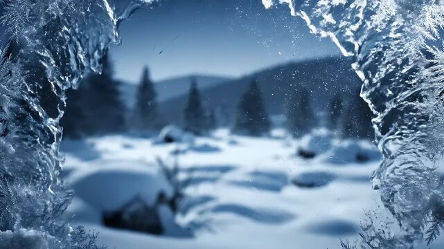 Frost patterns frame a serene winter landscape with snow-covered trees.