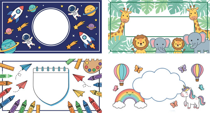 Cute kids vector borders and frames collection set featuring cartoon space safari animals school supplies and magical unicorn rainbow themes for banner design