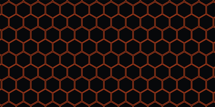 Dark red hexagon abstract technology background with orange and red colored bright flashes under hexagon. Hexagonal gaming vector abstract tech background. Vector illustration with honeycomb pattern