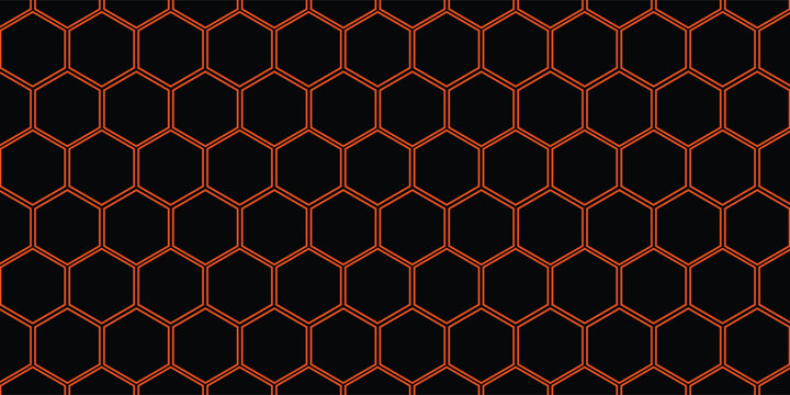 Dark red hexagon abstract technology background with orange and red colored bright flashes under hexagon. Hexagonal gaming vector abstract tech background. Vector illustration with honeycomb pattern