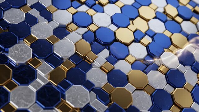 Abstract geometric background with octagons in blue, silver, and gold.
