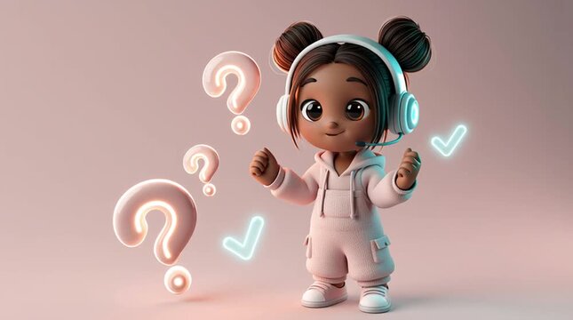 Cute stylized 3D cartoon support specialist catching falling question marks and transforming them into glowing checkmarks. Friendly customer service concept showing solutions, help and problem solving