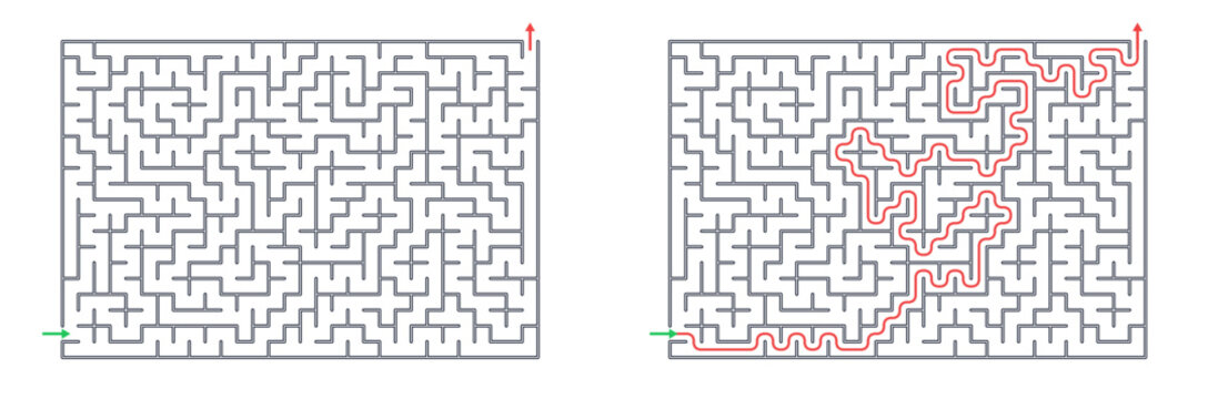 Rectangular maze for kids, medium difficulty printable logic game, find the way from start to exit, black and white line art, activity worksheet page with solution