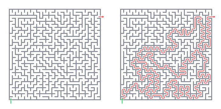 Square maze for adults, hard printable logic game, find the way from start to exit, black and white line art, activity worksheet page with solution