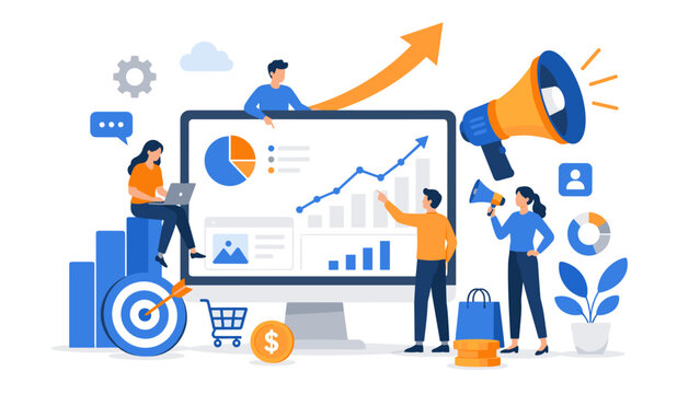 Grow online business poster with computer, charts, megaphone and people around dashboard, online, business, growth, poster,