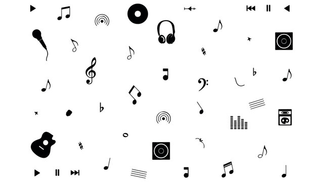 Set of music and sound elements including notes headphones microphone speaker and guitar on transparent background.