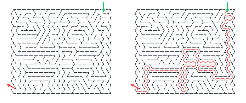 Rectangular maze for kids, medium difficulty printable logic game, find the way from start to exit, black and white, activity worksheet page with solution