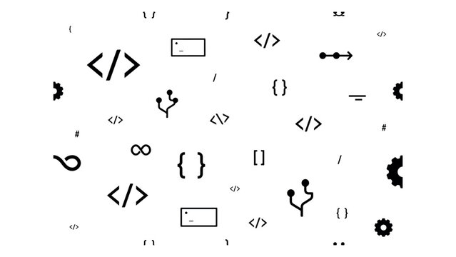 Collection of programming and coding symbols including brackets braces arrows and gears on transparent background vector.