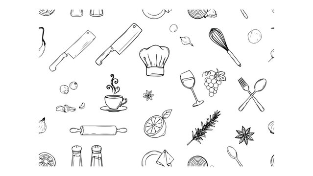 Kitchen culinary tools pattern featuring hand drawn illustrations of chef equipment ingredients spices and utensils on clean isolated design backdrop.