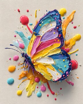 Vibrant rainbow butterfly made from layered acrylic paint strokes, surrounded by colorful paint splashes and glossy paint droplets.