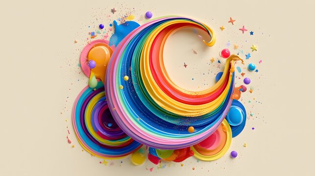 Crescent moon made from flowing rainbow paint layers, surrounded by colorful paint splash circles.