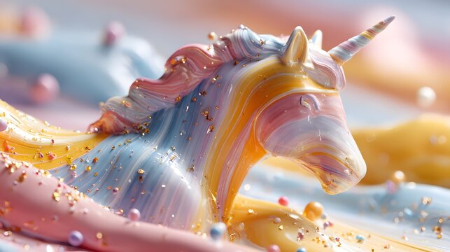 UNICORN made from layered rainbow acrylic paint strokes, surrounded by glossy paint splashes, colorful paint droplets.