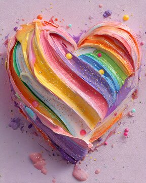 HEART made from layered rainbow acrylic paint strokes, surrounded by glossy paint splashes, colorful paint droplets.
