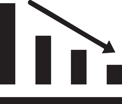 Simple black and white bar chart showing a decreasing trend with a downward arrow indicating decline or loss in business and financial data