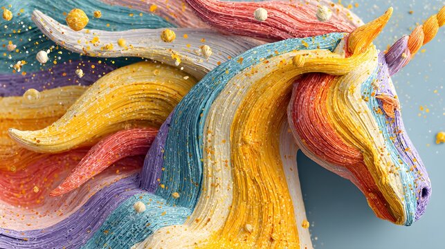 UNICORN made from layered rainbow acrylic paint strokes, surrounded by glossy paint splashes, colorful paint droplets.