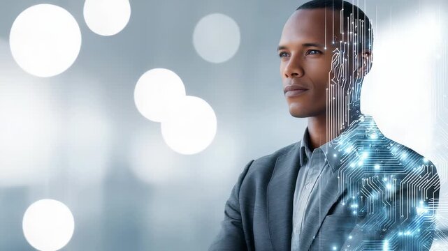 Portrait of a professional man in a suit with glowing circuit board graphics, representing AI integration and digital transformation. Futuristic business technology and innovation concept