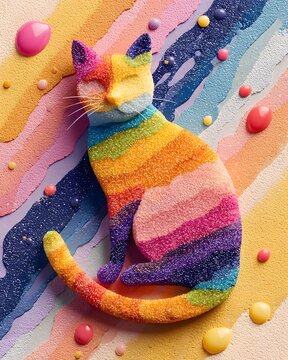 CAT SILHOUETTE made from layered rainbow acrylic paint strokes, surrounded by glossy paint splashes.