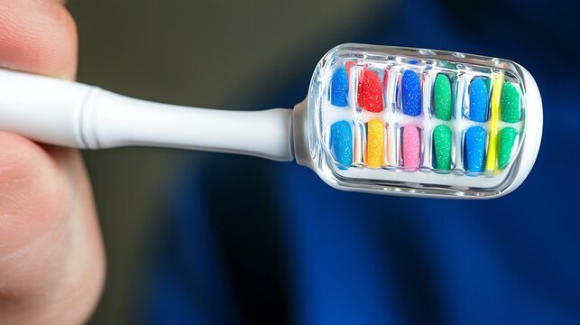 Extreme close-up of a modern toothbrush head featuring colorful glittery bristles protected by a clear plastic cover