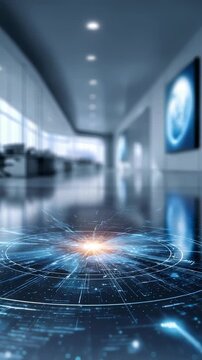 Sleek office interior features holographic digital interface projected onto floor, symbolizing data connectivity, smart solutions. Scene conveys innovation, progress, digital transformation