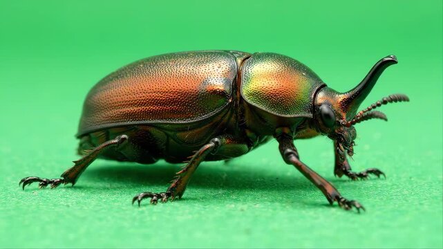 Beetle Insect with Golden Metallic Wing Covers and Segmented Legs on Vivid Green Background in Macro Studio Lighting