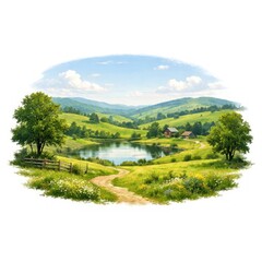 Obraz premium Idyllic countryside landscape illustration.