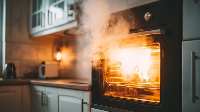 Kitchen oven catching fire, smoke rising in modern home, showing domestic accident and hazardous situation