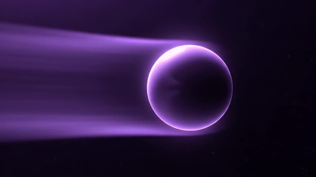 A luminous purple sphere with a glowing tail traverses the dark expanse of space, dotted with faint stars.